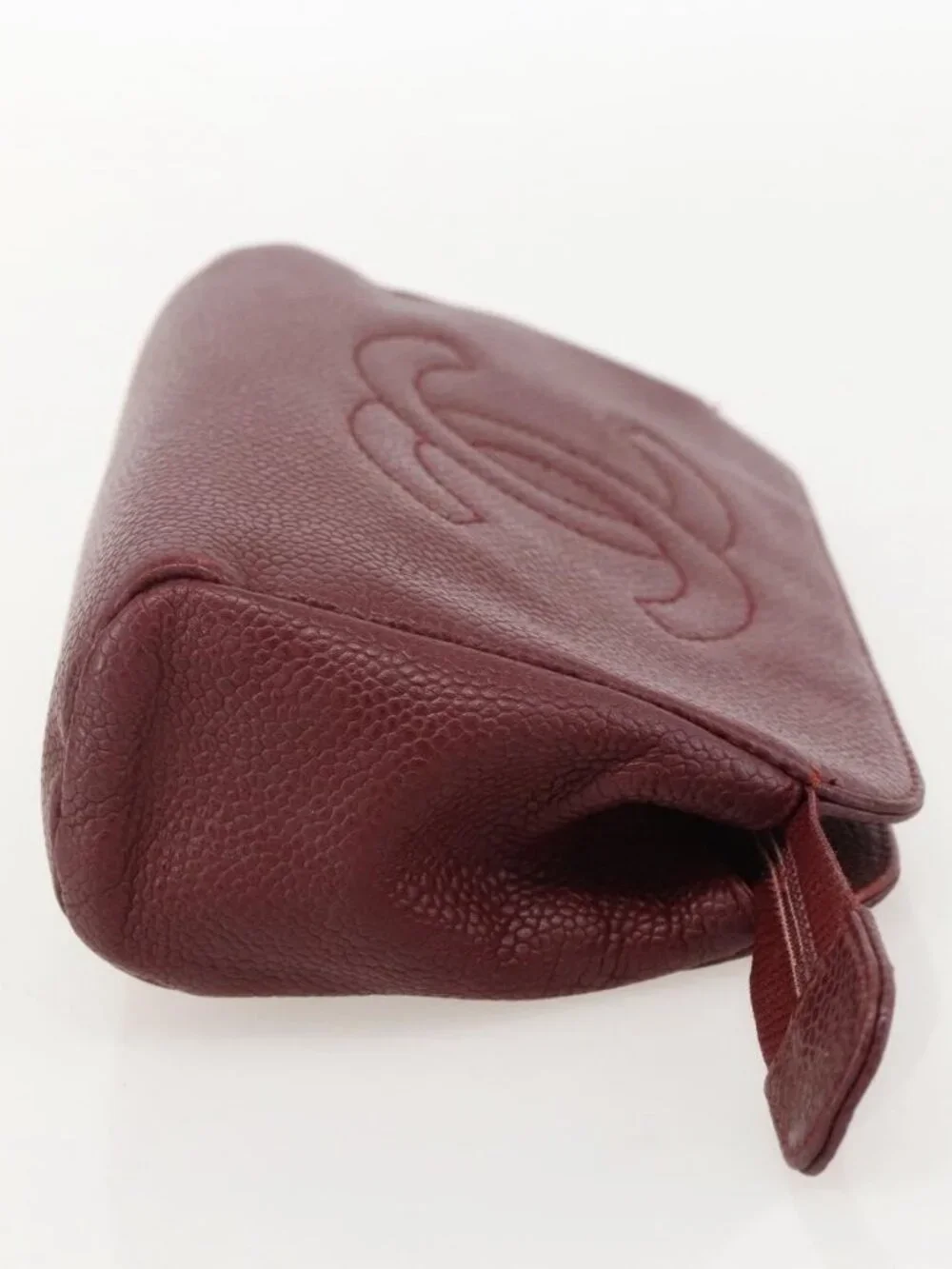 CHANEL Pouch Grained Calf Skin Bordeaux Gold CC Auth yk20274
